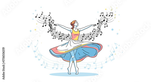 Elegant Ballerina: A Melodic Symphony of Dance and Musical Notes on White Background