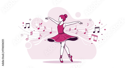 Elegant Ballerina Dancing Gracefully Amidst Musical Notes in a Harmonious Composition