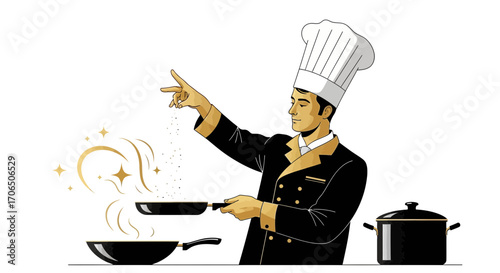 Elegant Chef Performing Culinary Magic In Shiny Kitchen Environment, Preparing Food For Dinner Time
