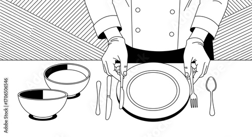 Elegant Chef Serving Dishes And Utensils At Contemporary Restaurant Dining Place