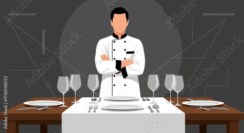 Elegant Chef Stands Ready At A Sophisticated Table Setting For Fine Dining Experience