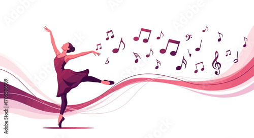 Elegant Dancer In Motion Gracefully Performing With Musical Notes Artistic Illustration