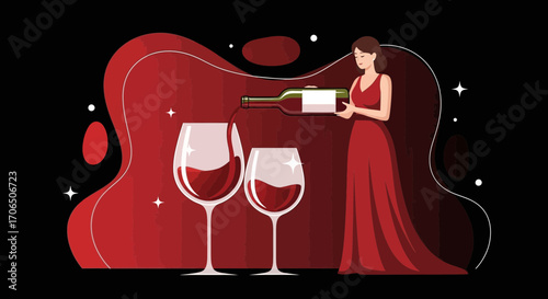 Elegant Evening: Woman Pouring Red Wine into Glasses Against a Dark Red Background