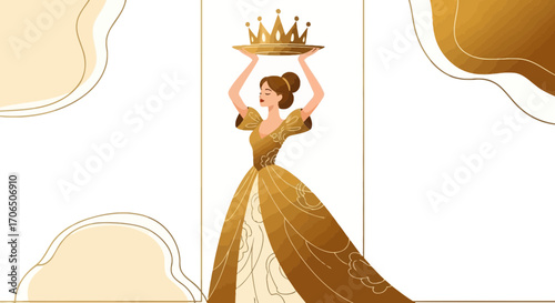 Elegant Lady Holding Golden Crown on Tray, Illustration of Royalty and Feminine Power