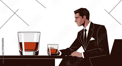 Elegant Man Contemplating Next Move Beside Whiskey Glasses in A Contemporary Setting