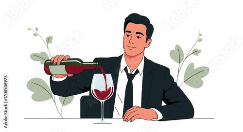 Elegant Man Pours Red Wine Into A Glass, Celebrating Or Enjoying A Relaxing Moment