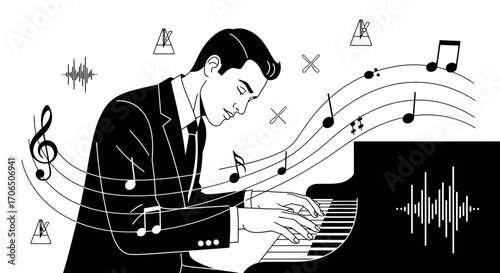 Elegant Pianist Plays Melodic Music with Creative Lines and Dynamic Movement