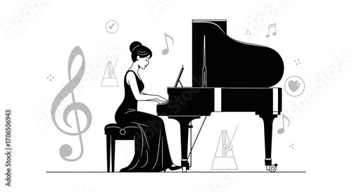 Elegant Pianist Serenade A Beautiful Grand Piano, Creating Melodies, Music Performance.