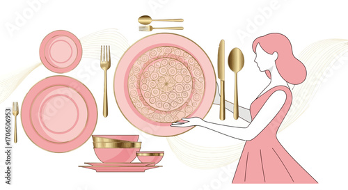 Elegant Pink And Gold Table Setting With Woman Holding Plates And Cutlery Design