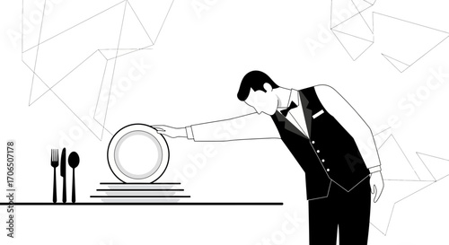 Elegant Service: A Waiter's Graceful Presentation Of Fine Dining Tableware