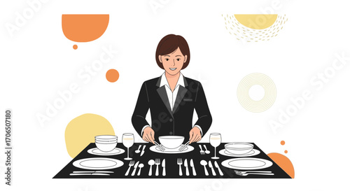 Elegant Table Setting: A Woman in a Suit Arranging Cutlery and Dinnerware Precisely Displayed