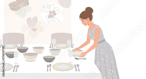 Elegant Table Setting Arrangement For Special Occasion With Floral Decoration And Lady Preparing