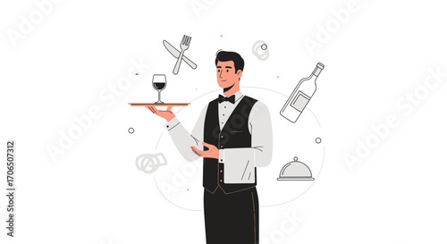Elegant Waiter Presenting Wine With Conceptual Restaurant Service Elements
