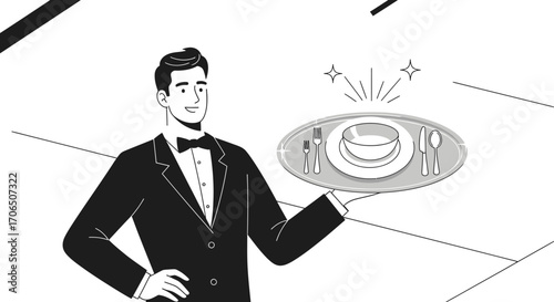 Elegant Waiter Presenting Food On A Silver Platter In A Sophisticated Restaurant Setting