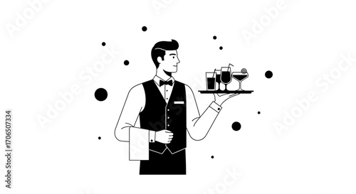 Elegant Waiter Serves Cocktails in Minimalist Black and White Illustration