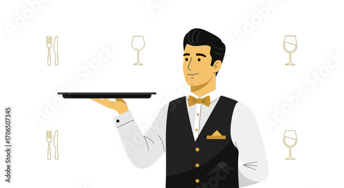 Elegant Waiter With Tray Holds Drinks And Utensils, Ready To Serve Guests In A Restaurant