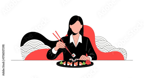 Elegant Woman Enjoying Sushi Meal Depicted In Modern, Vectorized Illustration Style