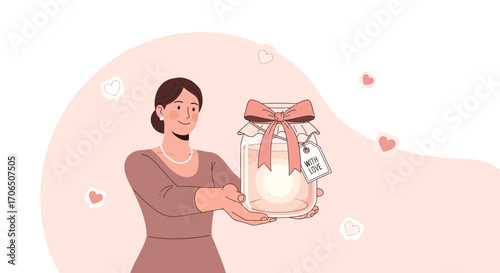 Elegant Woman Presenting a Gift of Affection, Wrapped with Care and Adoration Symbolizing Love