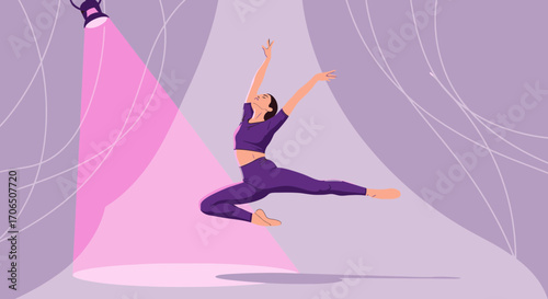 Elevated Dancer Performing Graceful Movements Under Vibrant Spotlight Depicting Precision