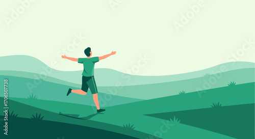 Embracing Nature: A Jubilant Figure Reveling In Serene Green Landscape Bliss