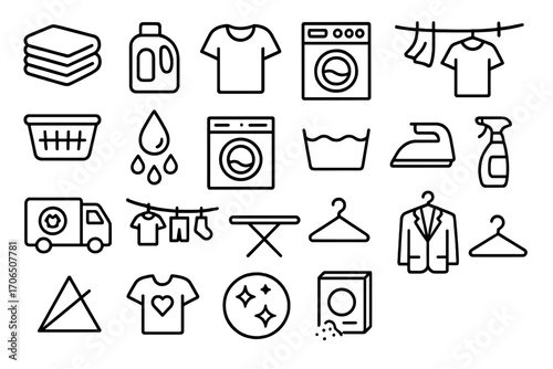 Laundry essentials and cleaning icons arranged in a creative layout showcasing household chores