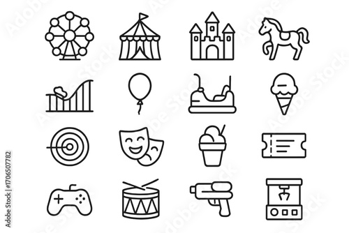 Variety of carnival and amusement park icons showcasing fun activities and attractions for all ages