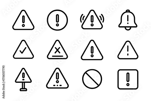 Variety of warning symbols and icons displayed in a grid format, showcasing different alert types and notifications