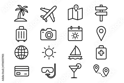 Icons representing travel and vacation planning with palm trees, airplanes, and beach activities