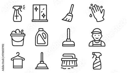 Cleaning supplies and tools arranged on a flat surface, showcasing essential items for maintaining hygiene and cleanliness