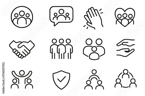 Icons representing teamwork, communication, and collaboration among diverse individuals in a modern setting