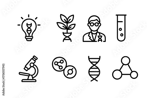 Science and innovation icons representing research, discovery, and biology elements in a modern style