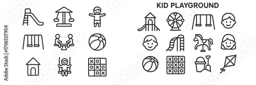 Playground icon set featuring various activities for children including slides, swings, and games