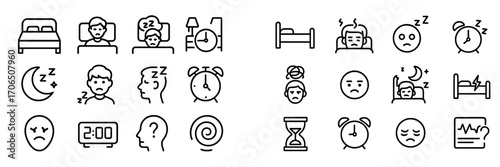 Sleep-related icons depicting various sleep states, problems, and related items in a clean, minimalistic design