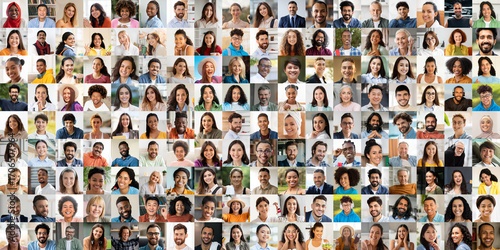 A vibrant collection of portraits features people of various backgrounds smiling brightly. Their expressions highlight happiness and connection, reflecting a joyful celebration of diversity.