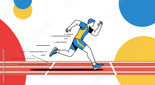 Energetic Athlete Sprinting on Track with Dynamic Motion and Vibrant Colorful Elements