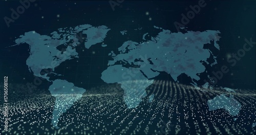 Showing world map silhouette in virtual space, with glowing data points, grid lines, wave dot field