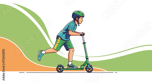 Energetic Child Rides Scooter, Vector Illustration Depicting Joyful Movement