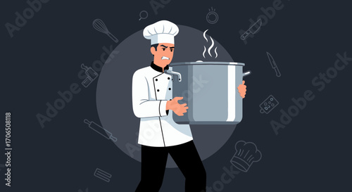 Energetic Cook Carrying Heavy Pot with Steam and Kitchen Utensil Background