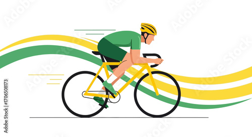 Energetic Cyclist Racing Forward on Bright Yellow Bicycle Alongside Animated Green and Yellow Trails