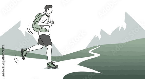 Energetic Hiker Navigating Mountain Trail, Adventure, Running, Achieving Goals or Travel