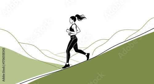 Energetic Illustration Of A Woman Jogging Uphill In A Minimalist Landscape Design