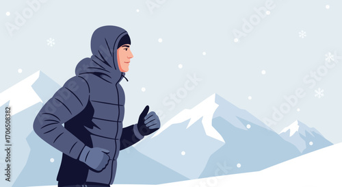 Energetic Individual Adventurously Running Amidst Snowfall in A Mountainous Landscape