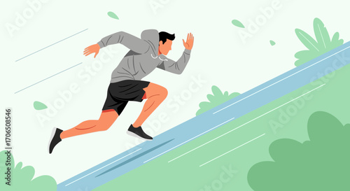 Energetic Runner Ascending Hillside for Exercise and Achieve Fitness Goals