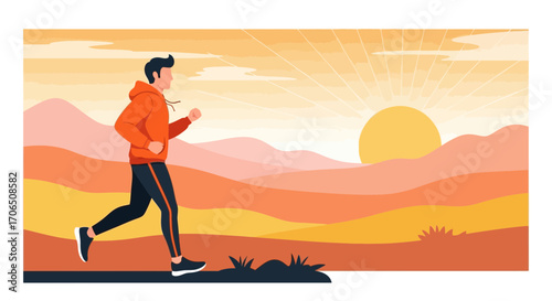 Energetic Runner Embraces Sunrise in a Vibrant Scenic Landscape for Daily Fitness
