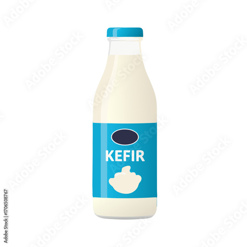 Bottle of kefir drink with blue label on transparent background, isolated, vector