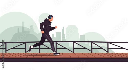 Energetic Runner Listening Music On Wooden Pathway, Exercising During Daytime In City