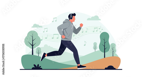 Energetic Runner Listening To Music In The Park, Enjoying The Fresh Air And Sound