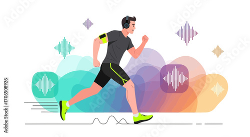 Energetic Runner Listening To Music While Training Outdoors With Dynamic Background