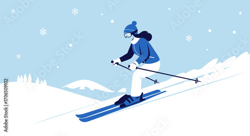 Energetic Skier Gliding Down Wintery Slope Amid Snowflakes, Capturing Adventurous Spirit