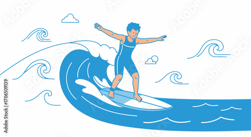 Energetic Surfer Riding A Blue Wave With Balance And Joyful Expression